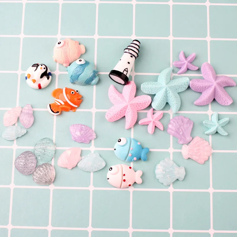 Wholesale 100Pcs Ocean Penguin Starfish Shell Flat back Decoration DIY Accessories Resin Cabochons Craft Charms small trinkets | Украшения