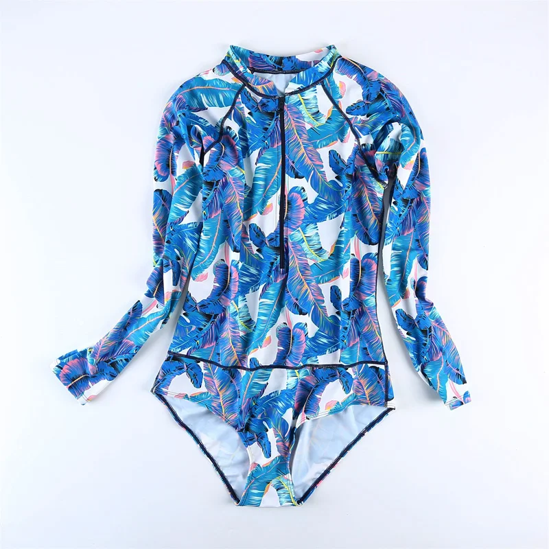 

Brand Tropical Zipper Leaves Long Sleeves One Pieces Swimwear Women Plus Surfing Swimsuit Lady Beach Wear Bathing Suit No Pad