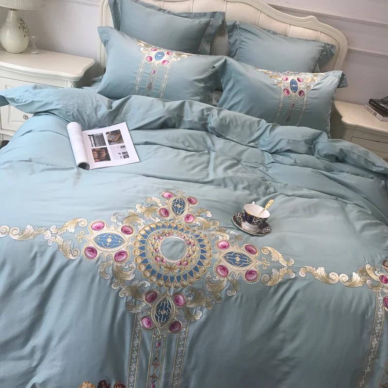 Blue luxury Embroidered 120S Egyeptian cotton Royal Bedding sets Queen King Wedding Duvet cover Bed sheet set Pillowcases 4pcs | Дом и сад