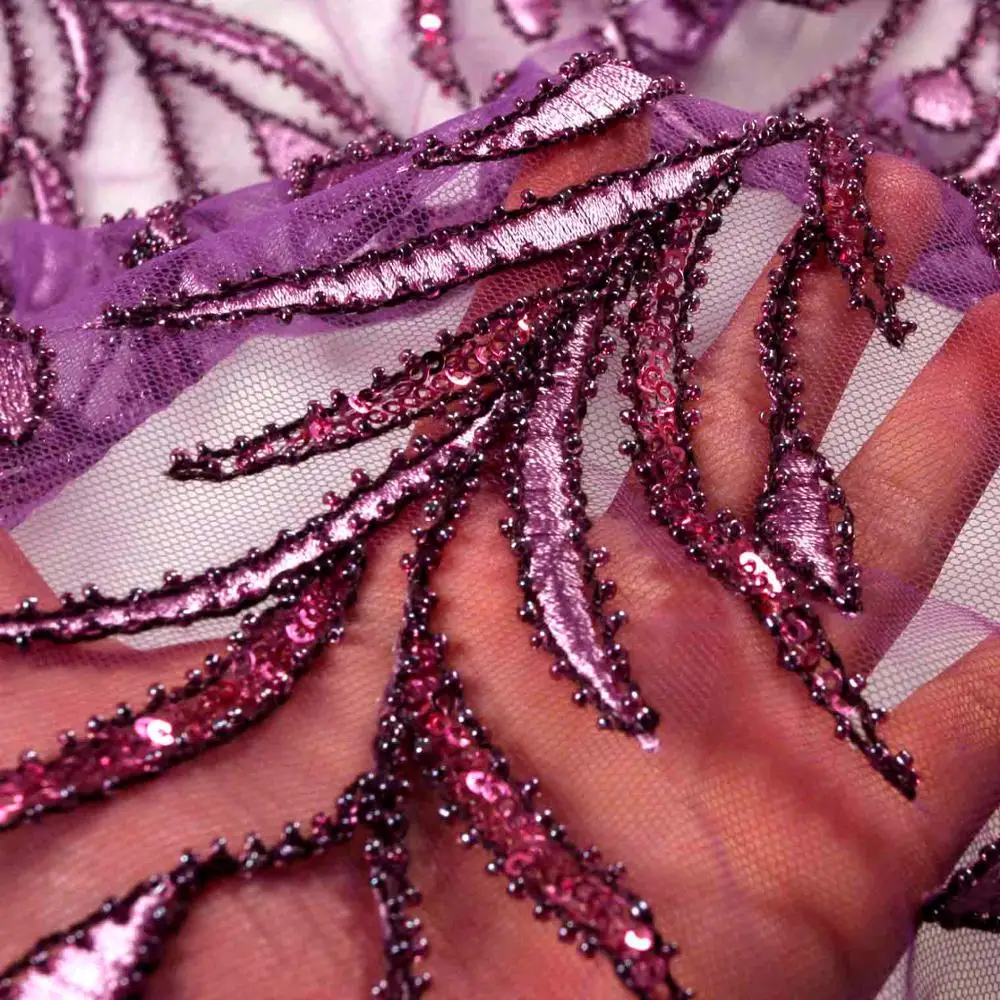 Purple La Belleza Новая мода дизайн кружево ткань персик, фиолетовый, off white, зеленый бисером, блесток 51 ''ширина 1 ярд - Цвет: Purple