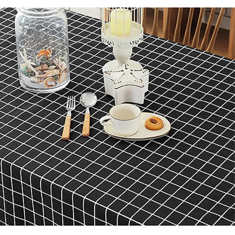Классическая черная/белая клетчатая прямоугольная скатерть из льна и хлопка для