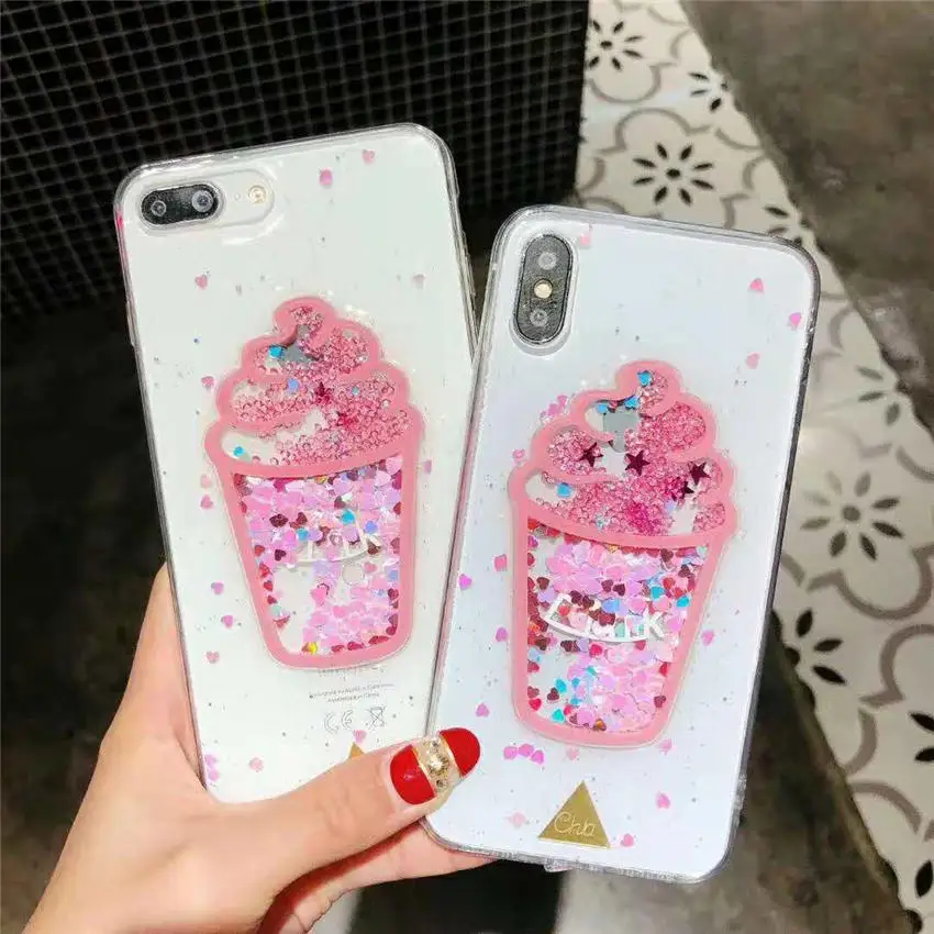 Блестящие чехлы для телефонов iPhone X XR XS MAS 6s 7 8 Plus розовые с рисунком мороженого |