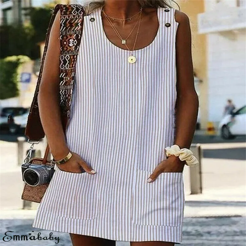 Большие размеры Трендовое женское платье круглый вырез без рукавов свободный