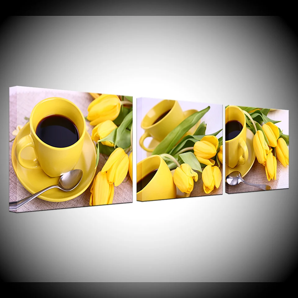 

3 Panel Printe Modern Still Life Coffee Kitchen Yellow Tulip Flower Painting On Canvas Home Decor Wall Art Modular frame Picture