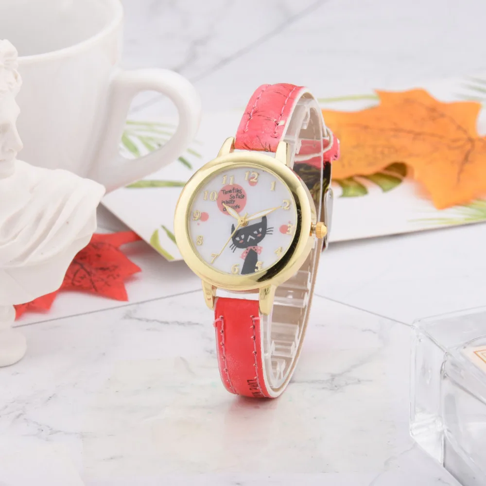 8SEASONS PU Leather Watchband Cute Cat Pattern Gold Color Quartz Wrist Watches Women Ladies Watch Clock Trendy Jewelry 1 Piece | Наручные