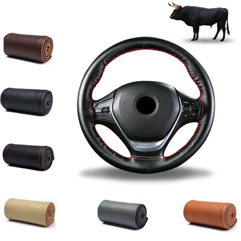 

CAR DIY Steering Wheel Cover Genuine Leather braid on the steering-wheel of Car With Needle and Thread Interior accessories
