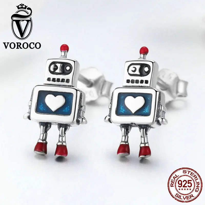 VOROCO, новинка, 925 пробы, серебряные серьги-гвоздики в виде сердца робота, милые детские серьги для девочек, Женские Ювелирные изделия, прекрасный подарок, BKE477