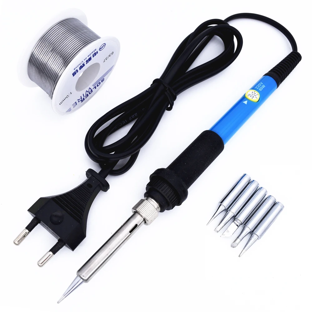 

60W 220V Electric Soldering Irons Kit Temperature Adjustable with Tin Soder Wire 5 Iron Tips Welding Gun Repair Tools EU Plug