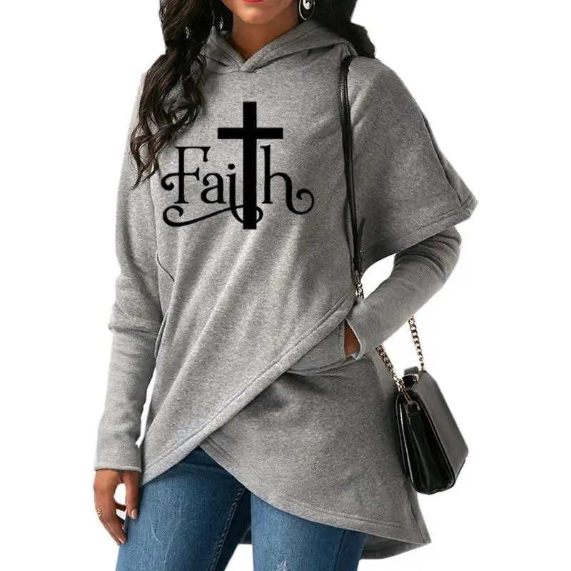 New 2018 Fashion Faith Print Sweatshirt Women Hoodies Kawaii PocketsLong Sleeve Pullover Cross Embroidery Casual | Женская одежда