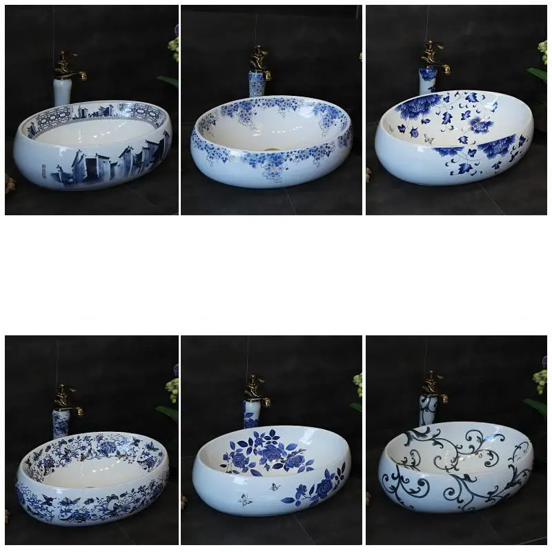 Сине белая фарфоровая настольная раковина Jingdezhen Новая китайская керамическая в