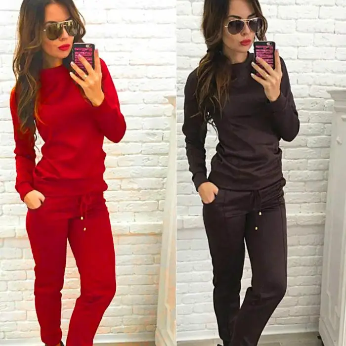 Мода осень зима для женщин комплект из 2 предметов сплошной цвет с длинным рукавом Топы+ брюки для женщин Фитнес Бег Рубашка Брюки GDD99