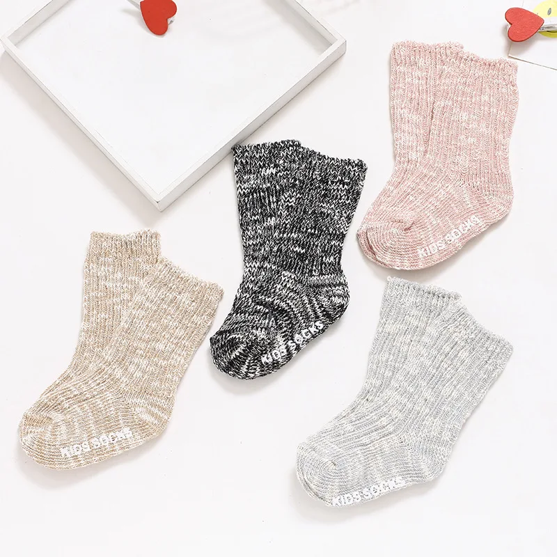 Baby Thicken Cotton Yarn Wool Socks Breathable Warm Middle Tube infant Pure Color Letters Kid Sock Anti-Slip Rubber Bottom | Детская