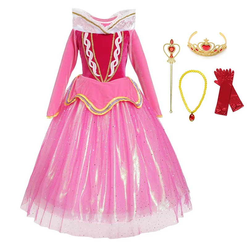 Aurora Dress Set3 Костюм Спящей красавицы принцессы Авроры для девочек; розовое платье с блестками; Детские платья с длинными рукавами для костюмированной вечеринки, карнавала, Хэллоуина - Цвет: Aurora Dress Set3
