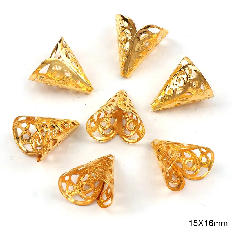 

100pcs 15x16mm Filigree Flower Cone End Caps Hollow out Pendant Charms Connectors Accessories for DIY Jewelry Making Findings