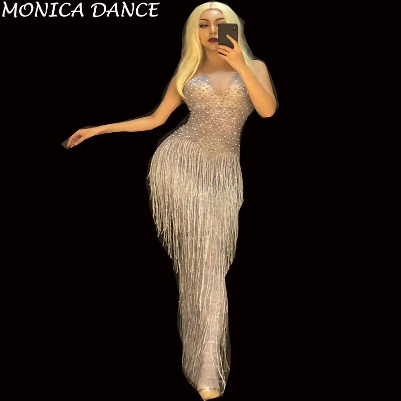 

Women Sexy Stage Silver Tassel Dress Full Sparkling Crystals Nightclub Party Stage Wear Singer Dancer Bling Dance Costumes