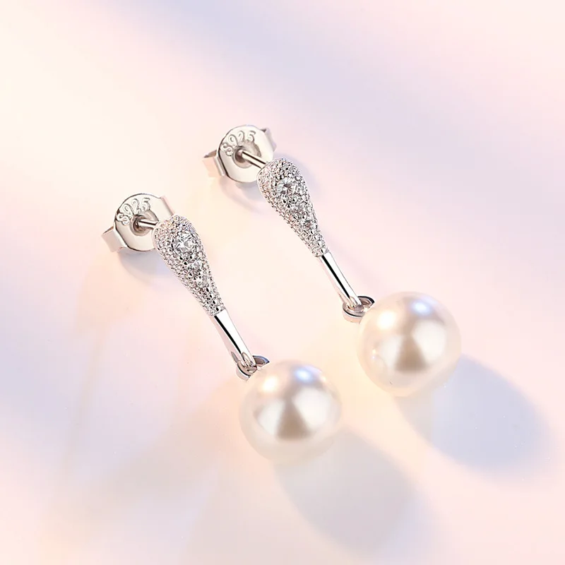 

100% 925 Sterling Silver Fashion Shiny Zircon Pearl Ladies'Stud Earrings Wholesale Jewelry Wedding Gift Drop Shipping
