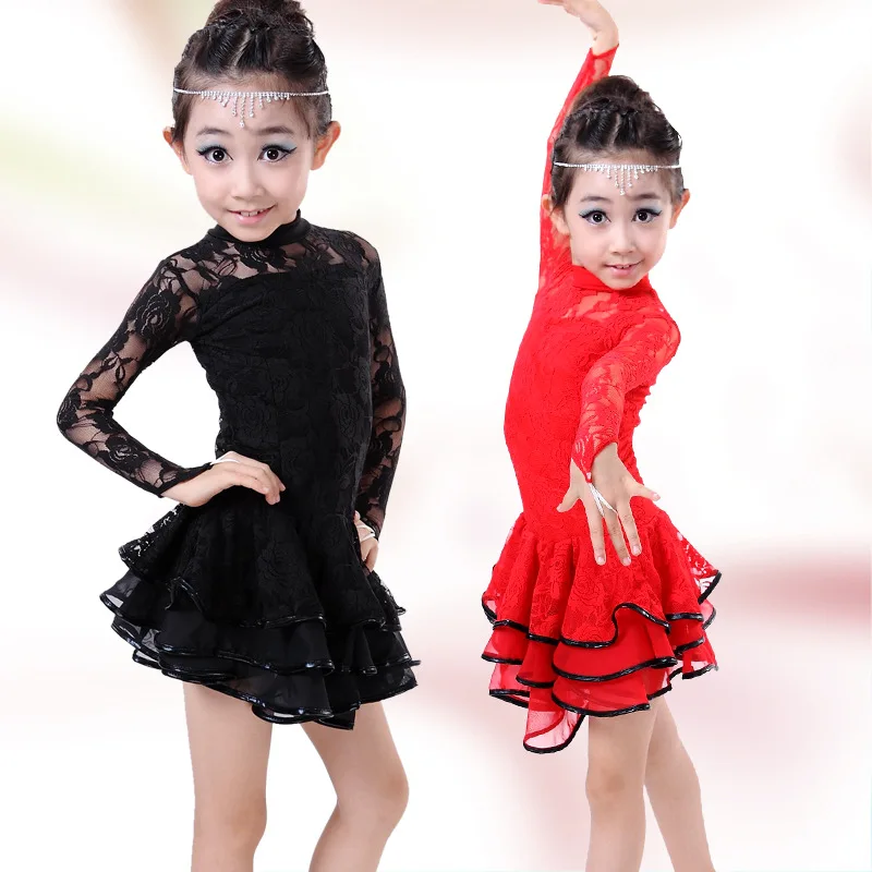 Red/Black/Yellow Long Sleeves Latin Dance Dress Girls Lace Flamenco Salsa Dresses Children Kids Ballroom | Тематическая одежда и