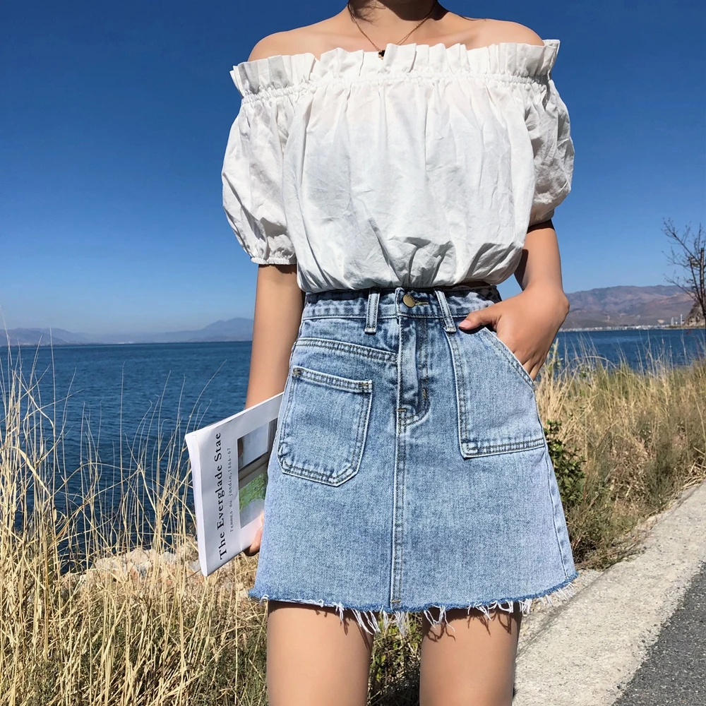 Blue Pockets Casual Mini Denim Skirt Spring Summer New Bodycon Women Skirt Basic Women Jeans Skirt High Waist Saias