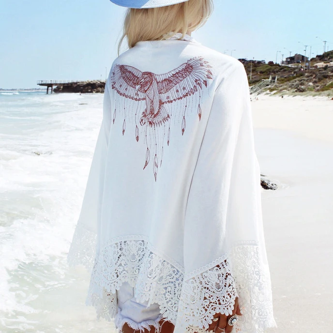 2016 New Women Summer Style Casual Lace Crochet Cardigan Kimono Tops Back Eagle Print Long Sleeve Beach Bikini Cover Up Blusas | Женская