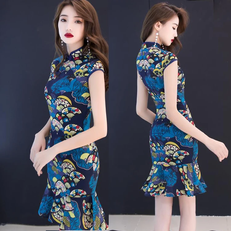Элегантное китайское платье Чонсам с коротким рукавом женское винтажное принтом