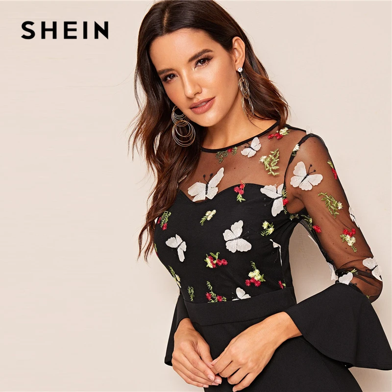 SHEIN Черное длинное платье-карандаш с объемной аппликацией и вышивкой в сеточку, осень, приталенные элегантные платья с рукавами-воланами и высокой талией