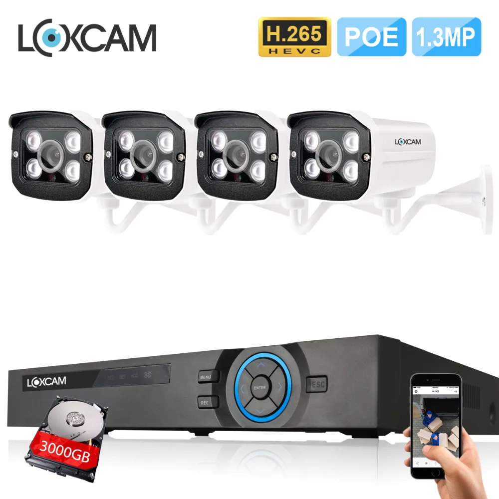 LOXCAM h.265 8CH POE NVR комплект 4 шт. 1.3MP 960P CCTV камера система IP66 наружная ip-камера