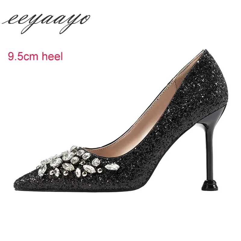 Black 9.5cm heel Г., новые весенние женские туфли-лодочки пикантные женские свадебные туфли на высоком тонком каблуке с острым носком, украшенные стразами золотистые туфли на высоком каблуке - Цвет: Black 9.5cm heel