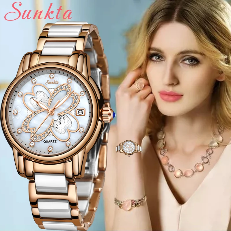 SUNKTA новые женские часы креативные керамические с браслетом Montre Femme +