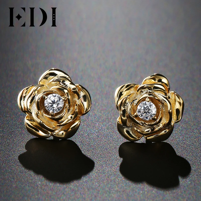 EDI подлинное кольцо с алмазом moissanites 14k 585 розовое золото серьги гвоздики роза цветочные женские свадебные ювелирные изделия