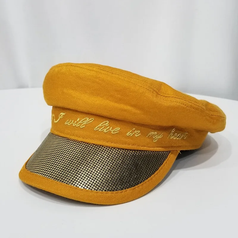 Winter Woman's Military Army Navy Leather Cap Literary Letter Newsboy Hats Warm For Autumn Winter Flat Top Berets Sequins Hat
