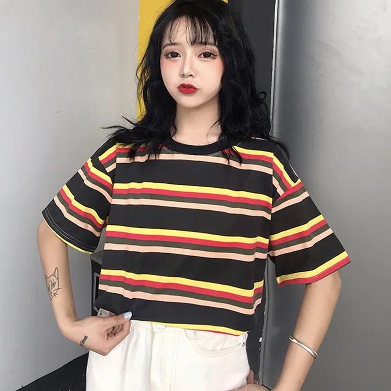 2019 Summer Stripe Printed T shirts Women Casual Loose tee shirt Harajuku O neck Short Sleeve Cozy Student Tee Tops femme|Футболки| |