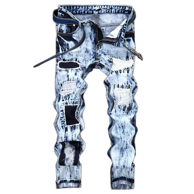 Модные Для мужчин S Рваные джинсы Брюки для девочек тонкий Homme Fit Denim мужской
