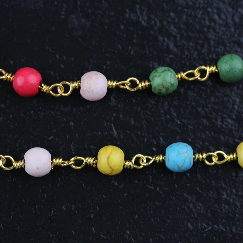 6mm Colorful Raw Turquoises Howlite Round Shape Beads Chains Plated Gold Copper Rosary Jewelry Necklace Supplies | Украшения и