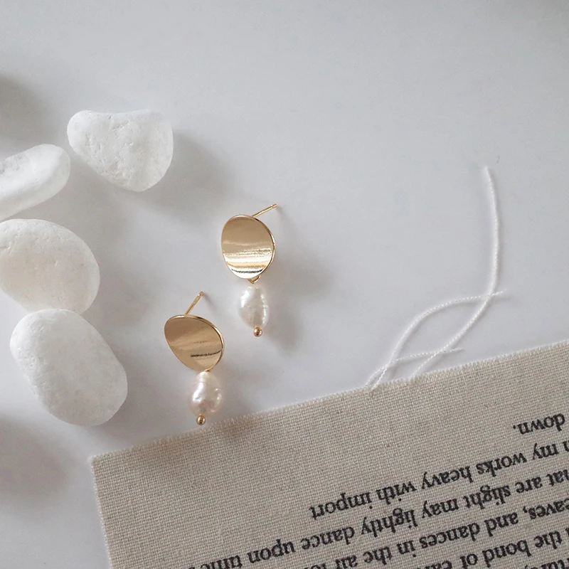 GHIDBK Gold Color Freshwater Pearls Dangle Earrings for Women Minimalist Metal Coin Disc Simple Statement 2018 | Украшения и