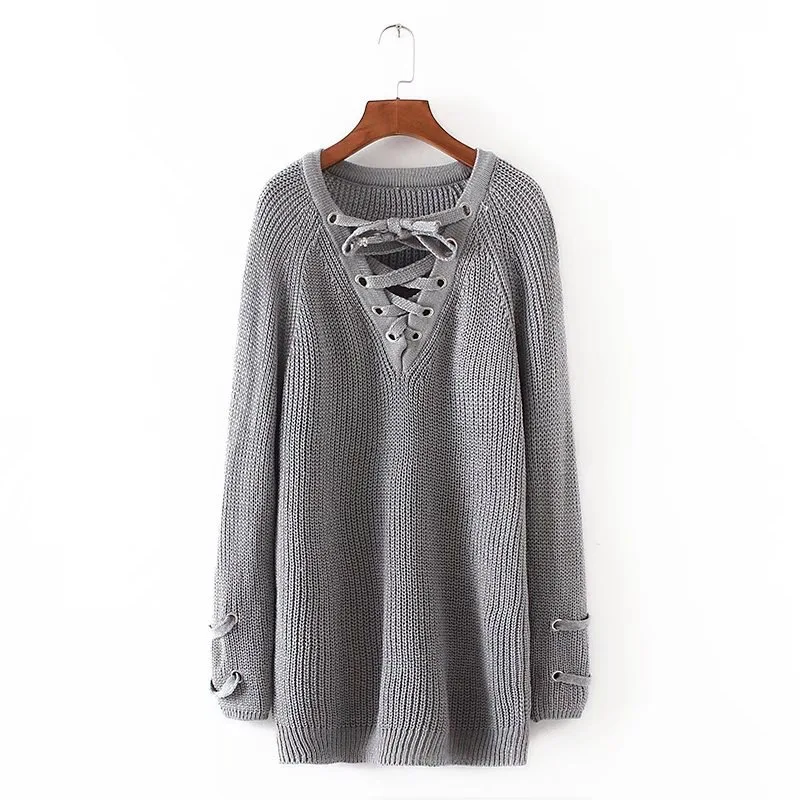 V Neck Korean Style Women Sweater Lace Up Knitted Pullover Long Sleeve Loose Winter Jumper | Женская одежда