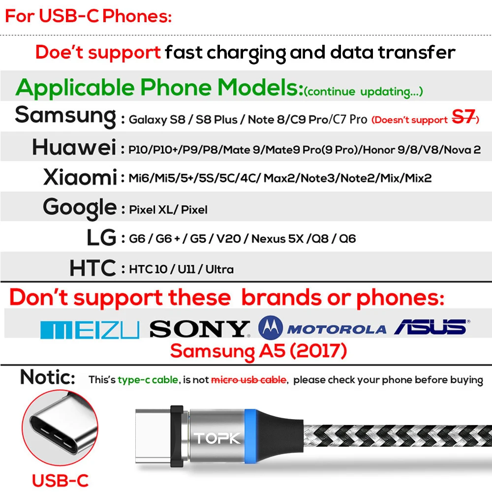 TOPK R Line3 светодиодный магнитный кабель usb type C для XiaoMi Redmi Note7 samsung Galaxy S9 USB Магнитный