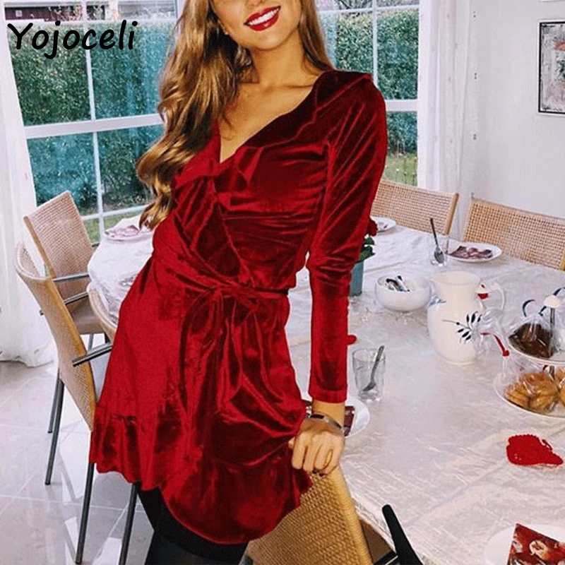 Yojoceli 2018 новое Золотое бархатное платье с оборками женское сексуальное