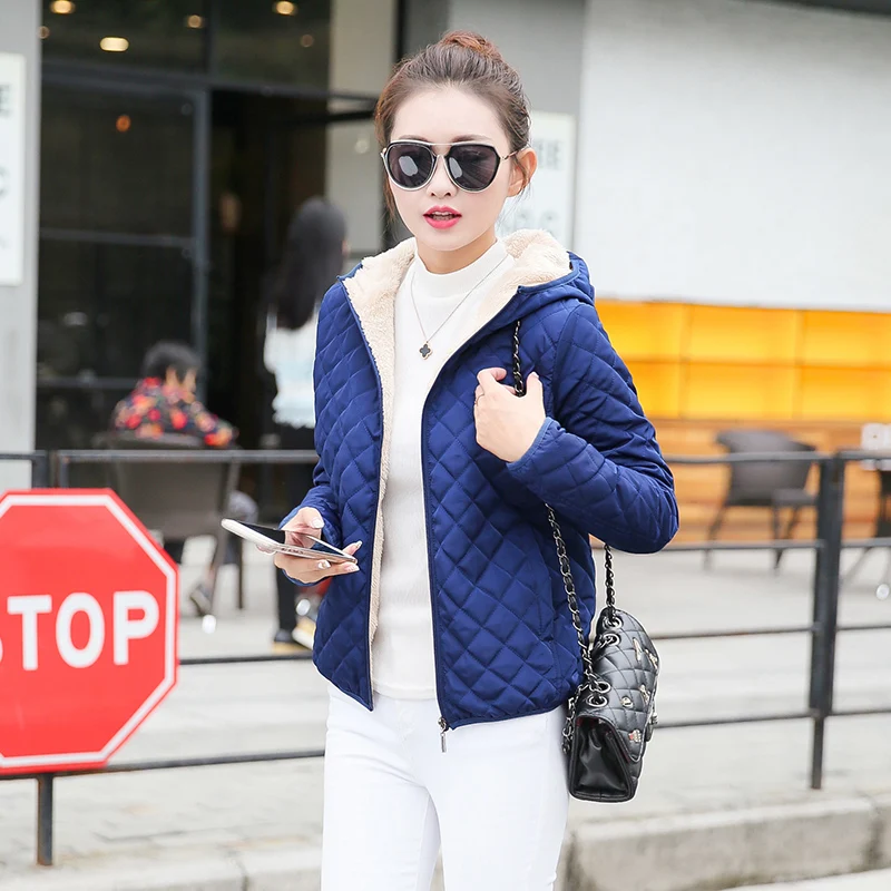 Women Winter Jacket 2018casual Sexy Ladies Thick Warm Flocking Hooded Parkas Diamond Plaid Outwear Imitation Lamb's Wool Coat | Женская