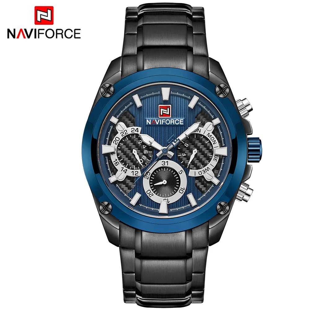 black blue NAVIFORCE Лидирующий бренд мужские модные кварцевые наручные часы водонепроницаемые из нержавеющей стали военные спортивные часы Relogio Masculino - Цвет: black blue