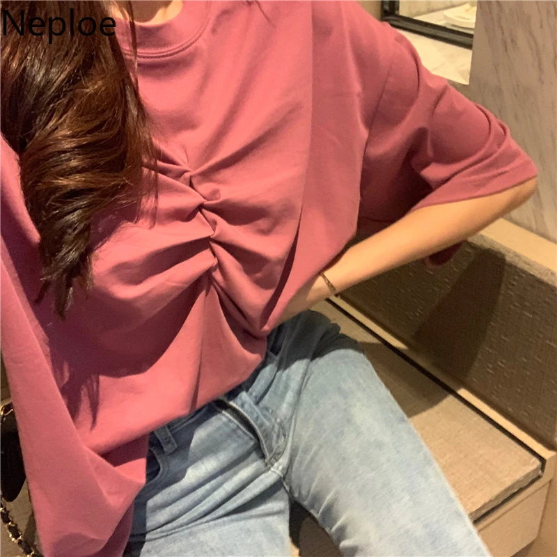 Женские футболки с круглым вырезом Neploe Knotting корейские свободные однотонные Топы