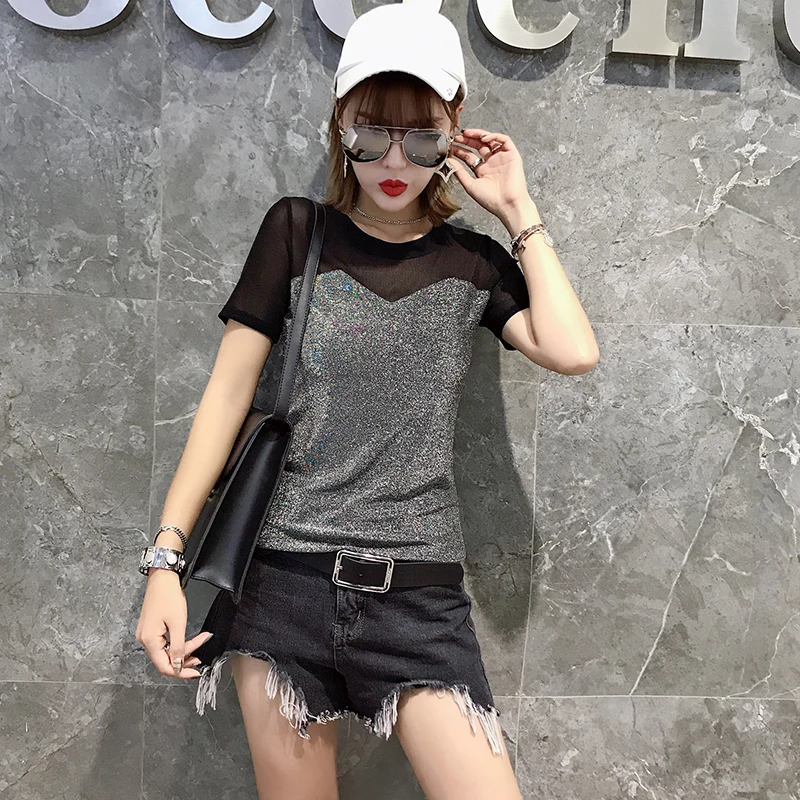 Black silver tshirt Модная сетчатая блуза со вставкой Для женщин новое летнее платье с О-образным вырезом с короткими рукавами с пересекающимися мигающими звездами Футболка Camiseta Mujer Цвета: черный, золотистый, серебристый T95604 - Цвет: Black silver tshirt