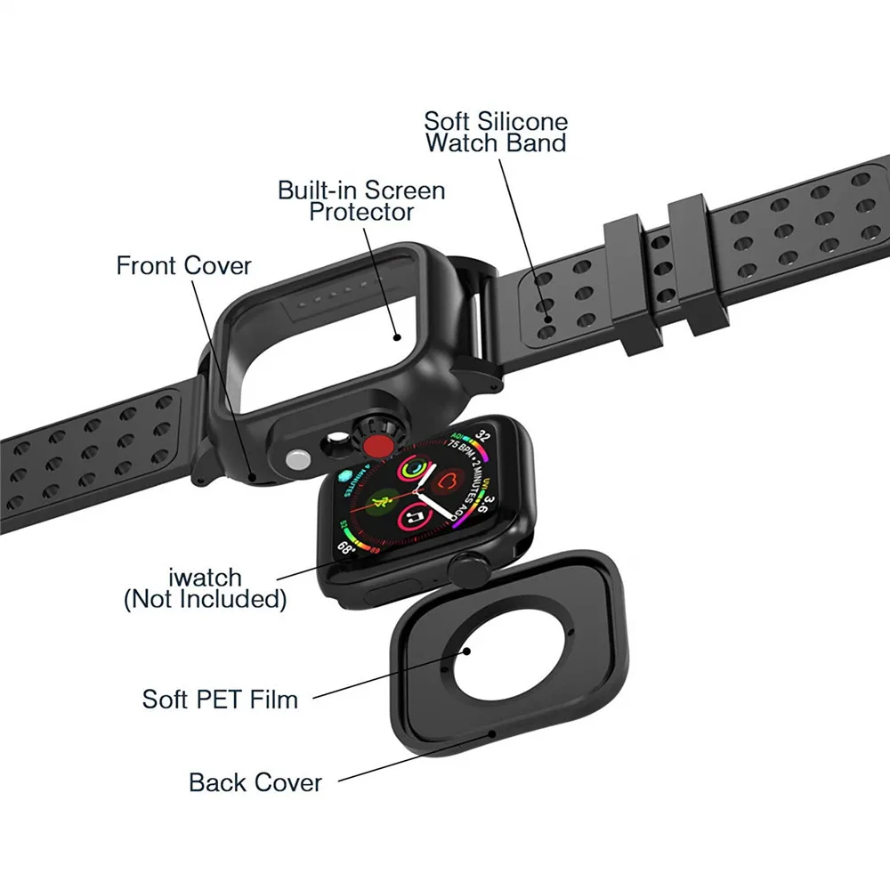 Black Silicone Waterproof Sport Watch Case For Apple Watch Band 38mm 42mm 40mm 44mm Breathable Bracelet Strap For iWatch 2 3 4 5