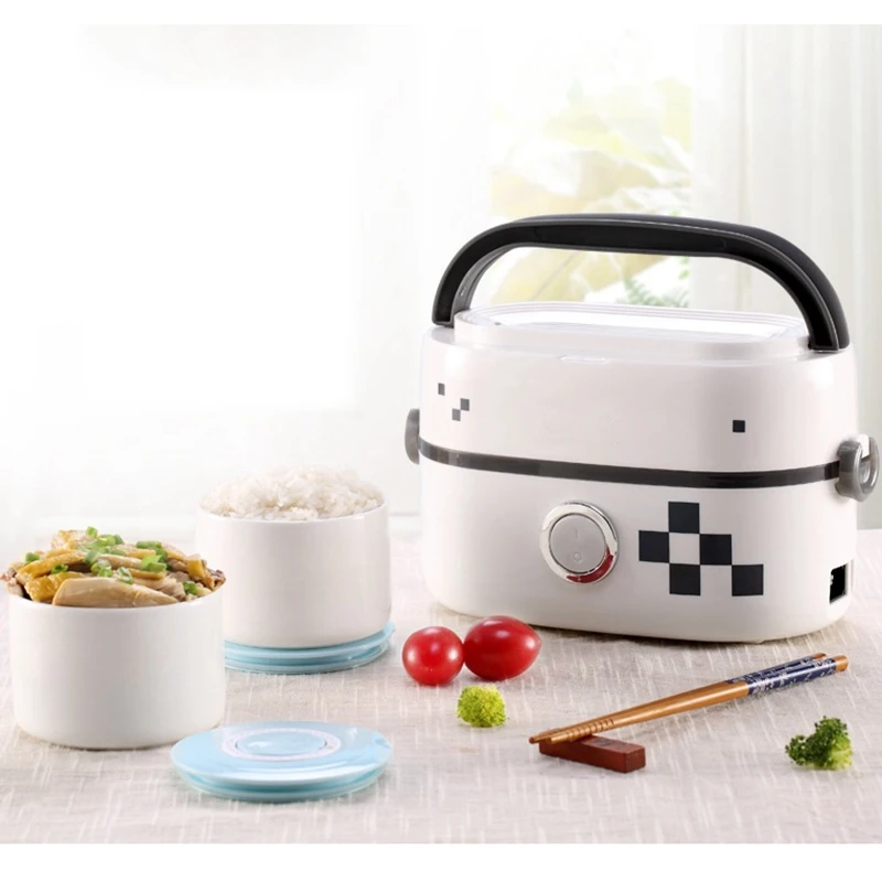 DMWD 1L Portable Electric Cooker Food Heater Heating Lunch Box With Separate 2 Ceramic Inner Pot For Steaming Boiling