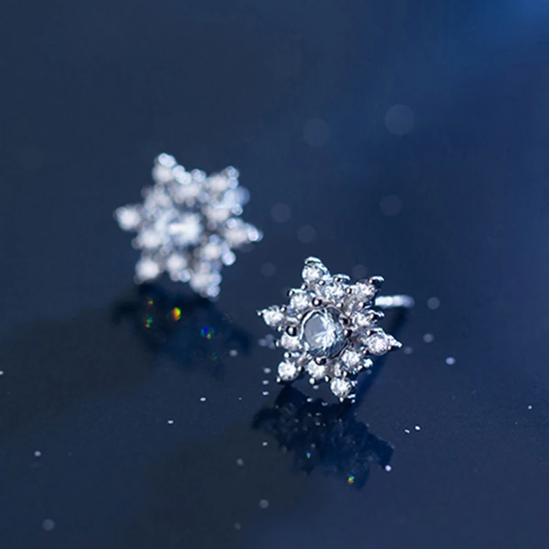 Fashion Snowflake Snow Flower Gift Edelweiss Brilliant Real Zircon Charms 925 Sterling Silver Stud Earrings Jewelry | Украшения и