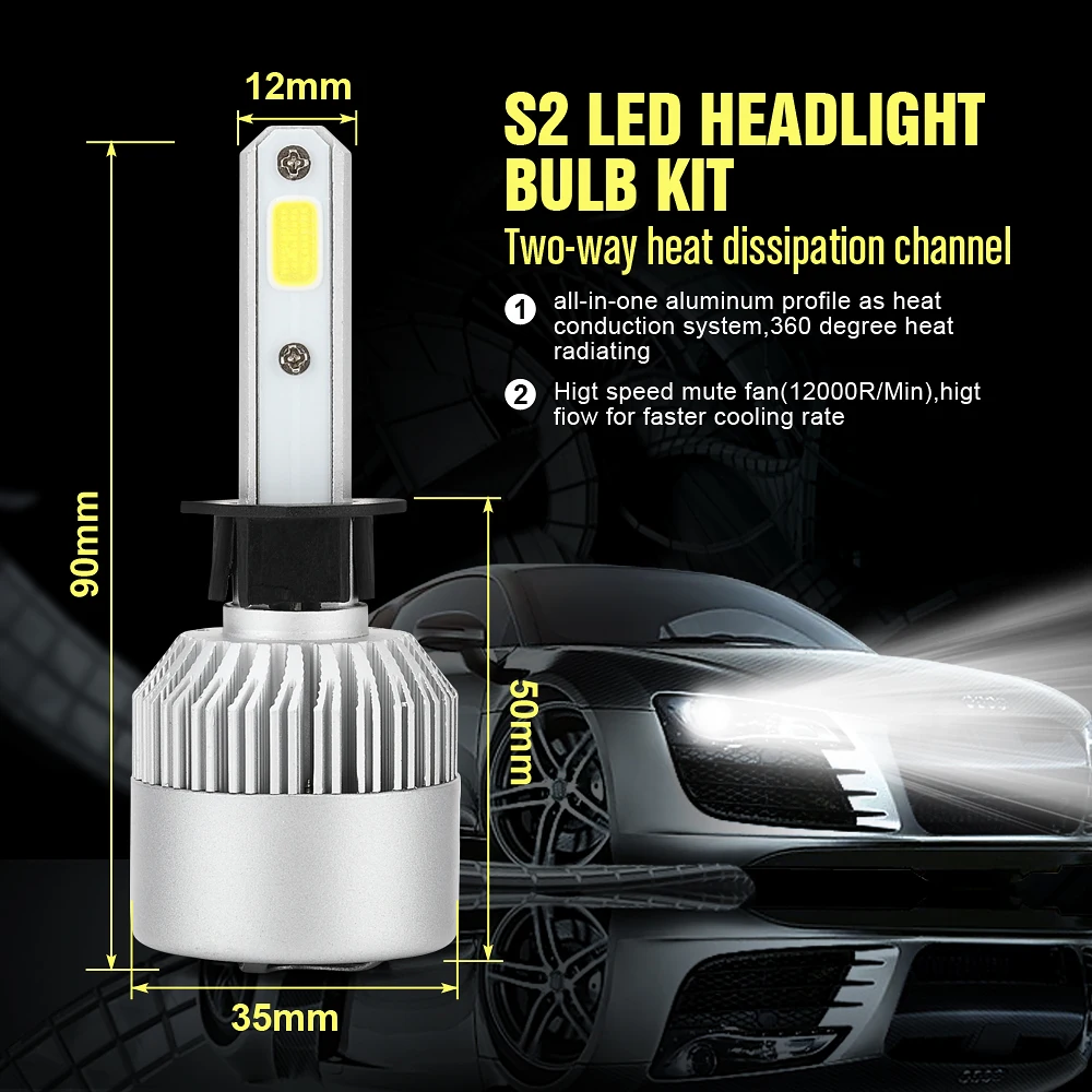 2Pcs S2 COB H1 LED Headlight 72W 8000LM All In One Car Headlights Bulb Headlamp Fog Light 12V Auto Replacement Parts 6500K | Автомобили и