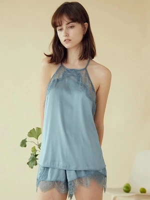 Атласные шелковые Холтер без рукавов Круглый шею женские пижамы наборы сексуальные элегантные кружевные женские пижамы наборы