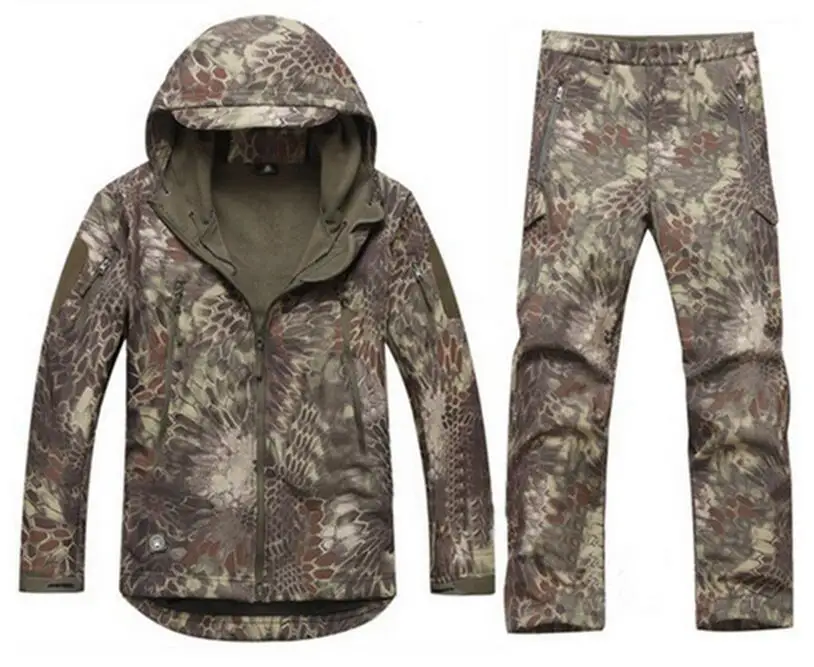 snake green Outdoor softsell military camouflage suit men's tactical waterproof jacket For Hunting Hiking fishing fleece jacket pants - Цвет: snake green