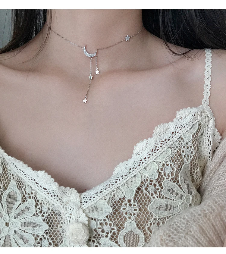 Серебро 925 пробы, звезда, луна, кисточка, ожерелье, Женская Корейская версия, ключица, цепь, простая личность