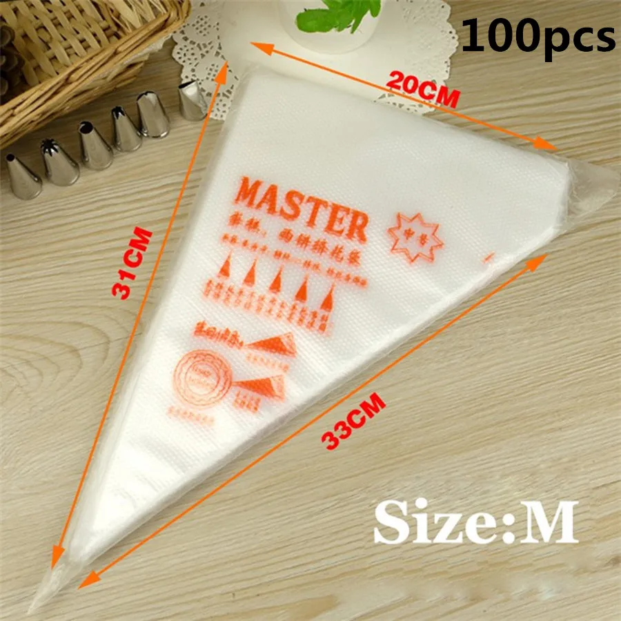 100Pcs M 5/8/10/24/26/100 шт одноразовый мешок для теста глазировки с изображением торта Декор кекса сумки Fondant(сахарная) крем торт Кондитерская насадка для выпечки Инструменты - Цвет: 100Pcs M