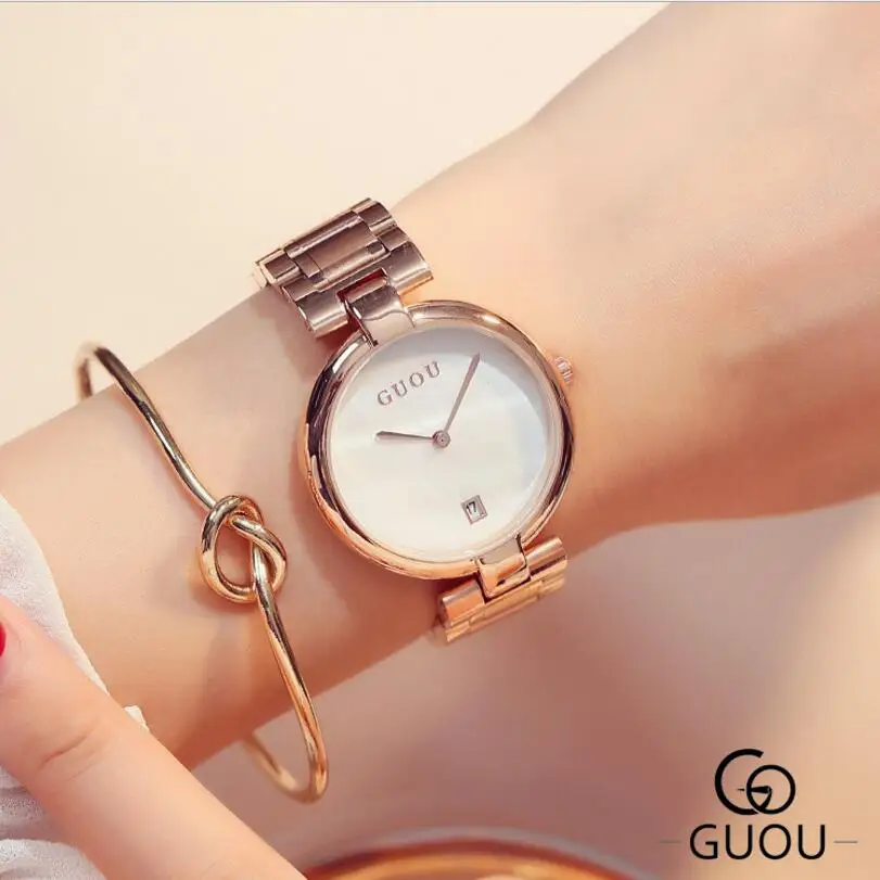 Часы наручные GUOU женские Полностью стальные брендовые роскошные с датой и